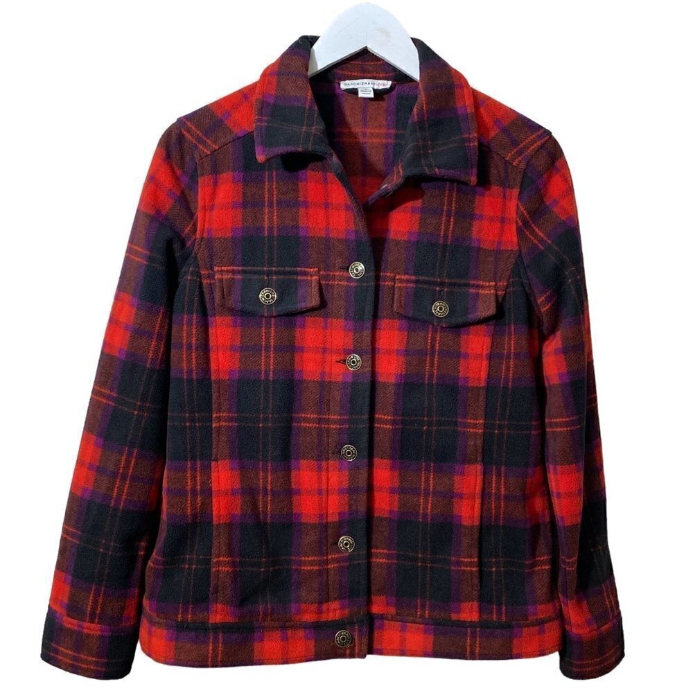 Isaac Mizrahi Live Fleece Trucker Jacket Size Small Red Plaid